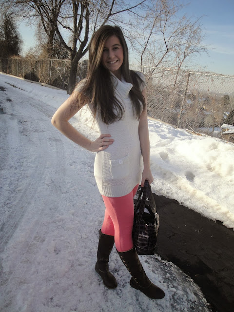 pink and white, pink leggings, white tunic, amiclubwear, makemechic, make me chic, handbag, boots, brown boots, pink pants, white top,