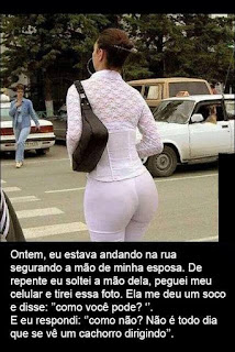 Descrição 1: Foto de uma mulher, de costas, em uma rua movimentada. Em primeiro plano, a mulher atravessa na faixa de segurança. Detalhe: ela está de branco, usa uma blusa rendada e calça, justas, delineando a cintura e destacando o bum bum volumoso e bem definido. Acessórios: cabelo preso por uma piranha, brinco argolão e uma bolsa preta apoiada no ombro esquerdo. Abaixo: o texto: Ontem, eu estava andando na rua segurando a mão de minha esposa. De repente eu soltei a mão dela, peguei meu celular e tirei essa foto. Ela me deu um soco e disse: “como você pode?”. E eu respondi: “como não? Não é todo dia que se vê um cachorro dirigindo”.  Continuação da descrição: Ao fundo, parado próximo a faixa de segurança, um táxi branco, no lugar do motorista, um cão, observa a mulher.