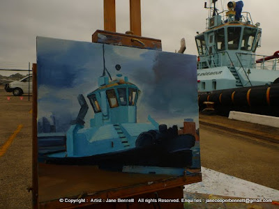 Marine painting- plein air oil painting of tug in Sydney Harbour by marine artist Jane Bennett