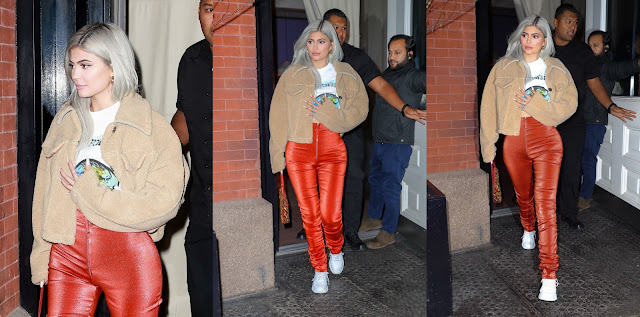 Kylie Jenner Sported Shiny Red-Orange Jeans