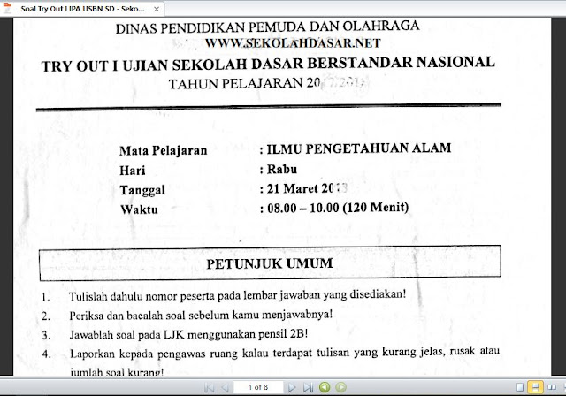 Soal Try Out I IPA USBN SD dan Kunci Jawabannya Soal Try Out I IPA USBN SD dan Kunci Jawabannya