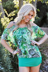 green floral chiffon ruffle bare shoulder top