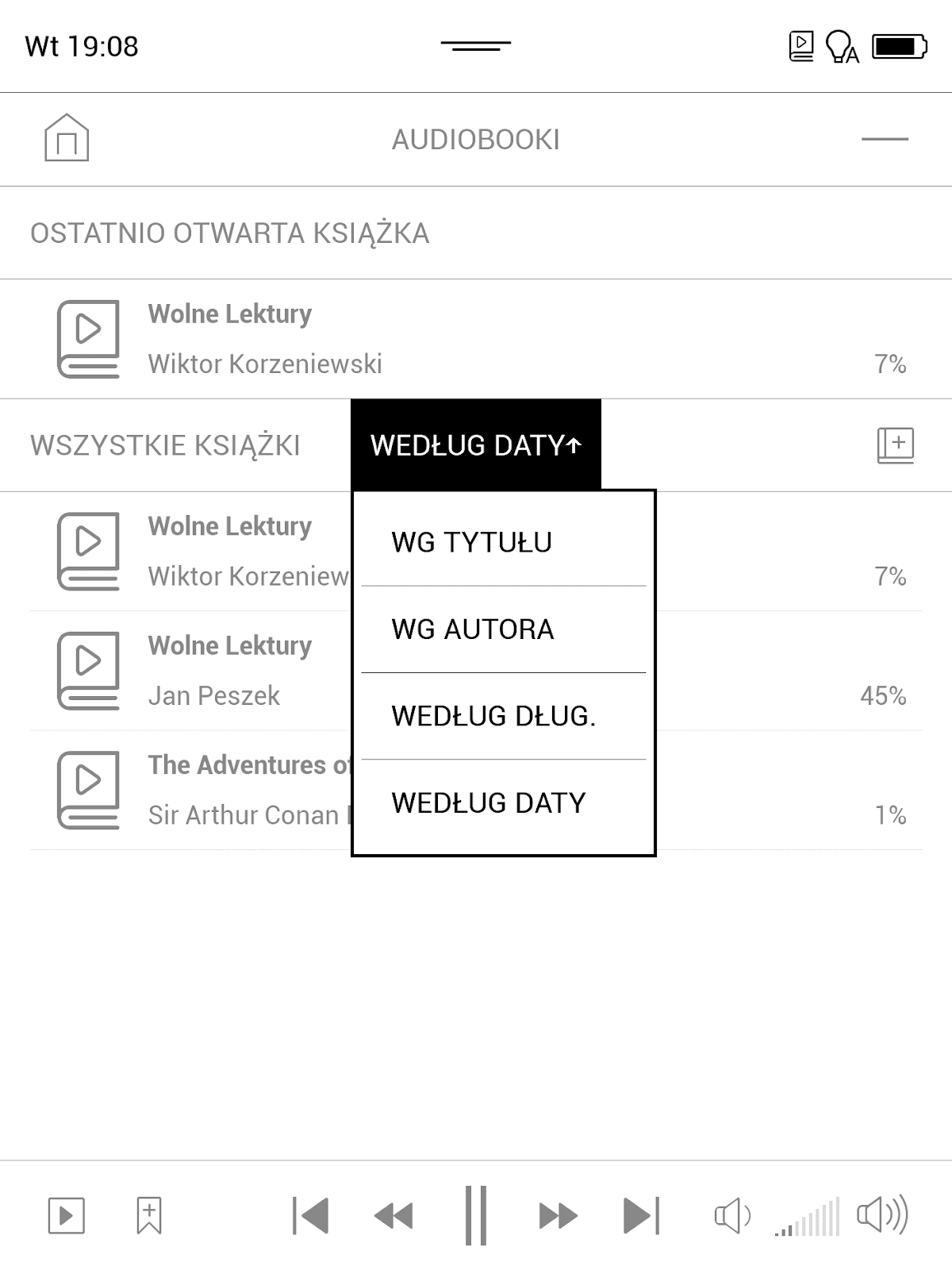 PocketBook InkPad X – opcje sortowania w aplikacji Audiobooki