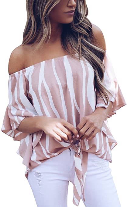 Asvivid Womens Striped Printed Off The Shoulder Tops 3 4 Flared Bell Sleeve Blouses Summer Tie Knot T-Shirt