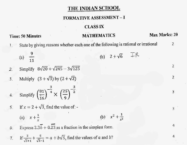 Class IX MATHEMATICS THE INDIAN SCHOOL Questions Paper FA ...