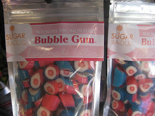 Packaged hard candy, roundish with blue, pink, and white coloring, from company Sugar Sugar, Wilson's Promontory, Bubble Game flavor