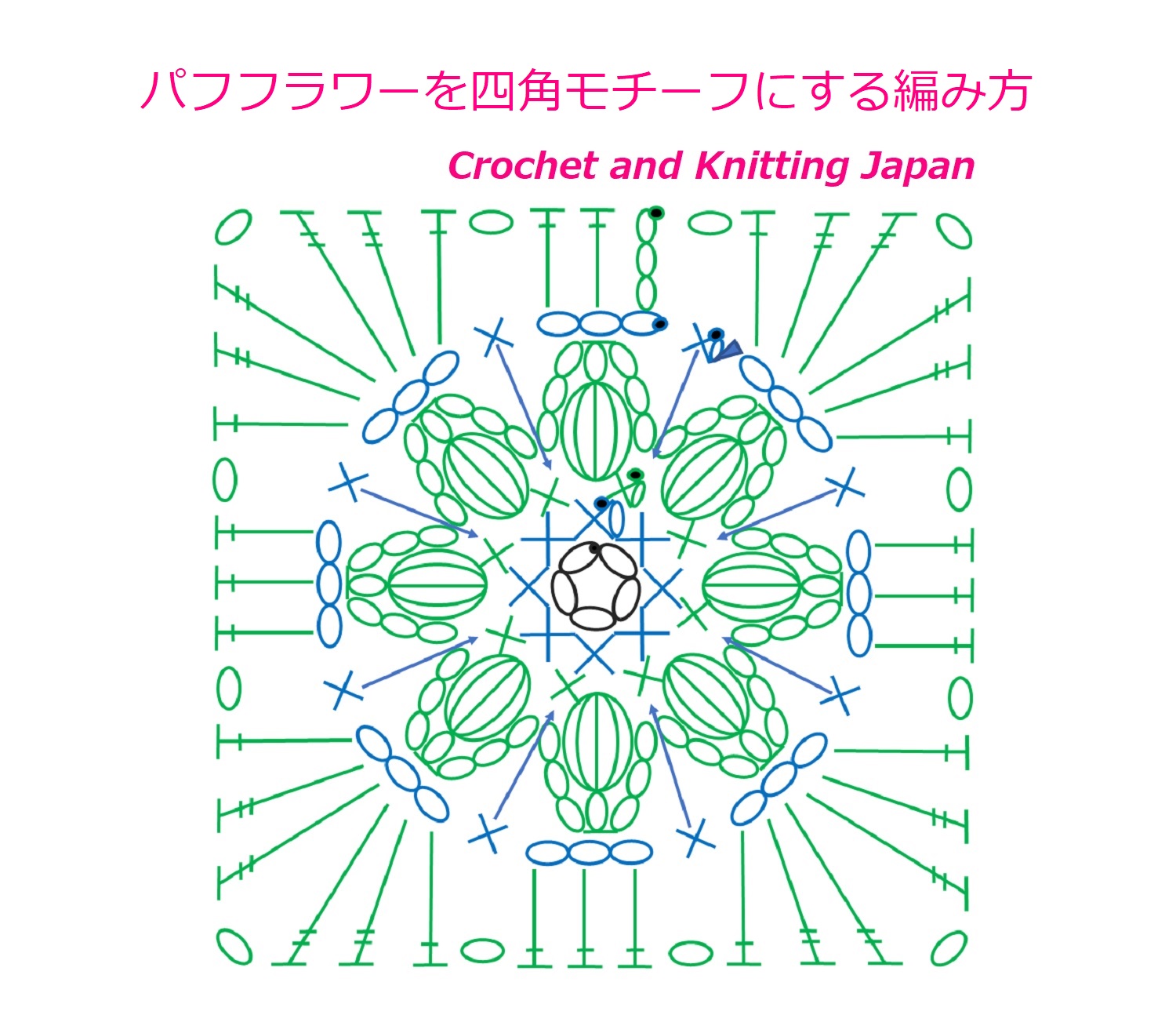 かぎ編み Crochet Japan クロッシェジャパン パフフラワーを四角モチーフにする編み方 かぎ針編み 編み図 字幕解説 Make Puff Flowers Square Motif Crochet And Knitting Japan