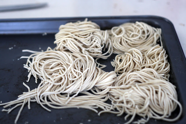 A tray of freshly cut ramen noodles gathered in bundles.