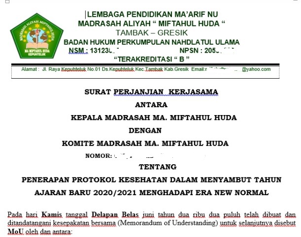 Contoh Format Surat Perjanjian Bersama Antara Kepala Madrasah Dengan Komite Madrasah Admin Bawean