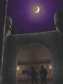 Two guards in front of a castle door. Overhead, a figure silhouetted by the moon creeps on a parapet.