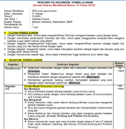  Contoh bisa di download dengan mudah di blog ini dan tentunya gratis Download RPP 1 Lembar Kelas 3 SD Semester 2 Revisi 2020