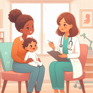 Parent and pediatrician having a warm and supportive conversation in a cozy clinic.