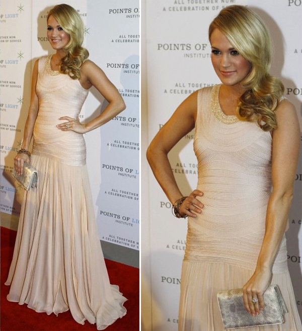 Carrie Underwood in a stunning long Herve Leger bandage dress. LOVE!