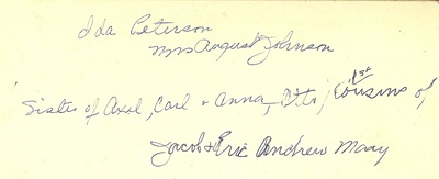 Ida and August Johnson back of photo