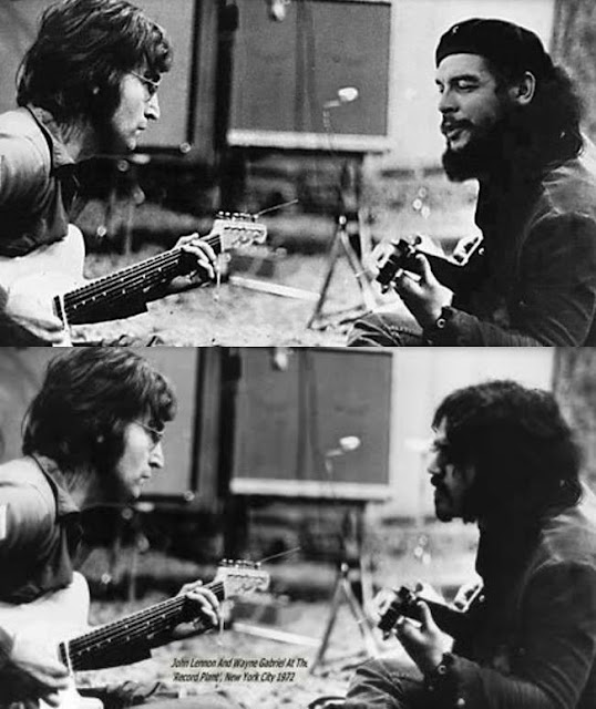 Original capture of John Lennon and Wayne Gabriel in 1976 (bottom) and Photoshopped image of him with Che Guevara (top)