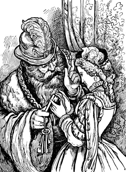 ink drawing of a large, bearded man wearing a feather in his cap and a large robe, handing a ring of old-fashioned keys to an ornately-dressed young woman and raising a finger to her, seemingly in warning