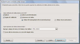 Atributos del asistente de convercsión de Access a SQL Server