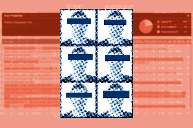 Results of a text analytics process overlaid with redacted mugshots