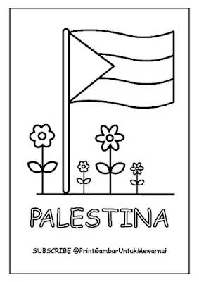 Gambar Mewarnai Bendera Palestina PDF Berkibar di dekat Bunga