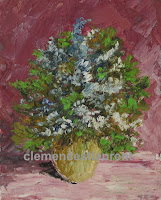 Mimosas, 5 x 4 oil painting of blue and white flowers by Clemence St. Laurent