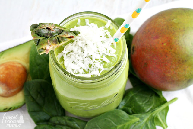 This delicious & dairy-free Tropical Green Goddess Smoothie gets its rich creaminess from a surprise secret ingredient- avocado!