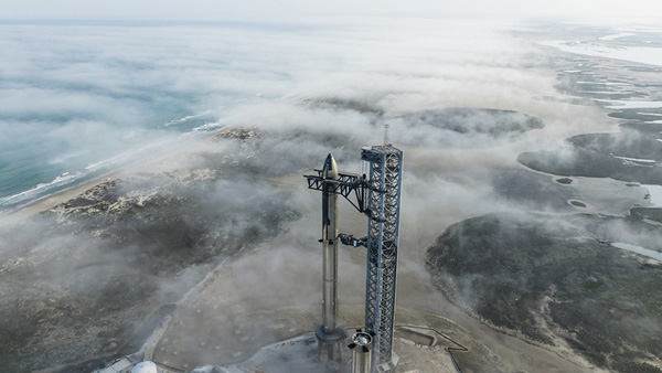 SpaceX's Starship Super Heavy rocket stands tall on its Orbital Launch Mount at Starbase, Texas...on January 9, 2023.