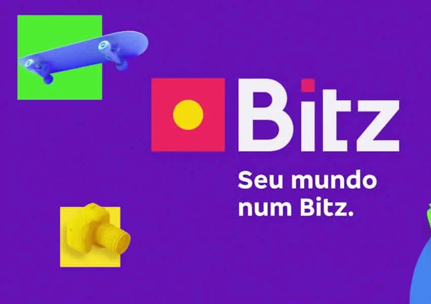 Fundo roxo com objetos geométricos com a logo Bitz no centro da imagem.