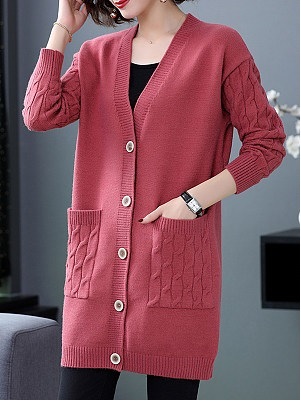 V Neck Plain Pockets Long Sleeve Knit Cardigan