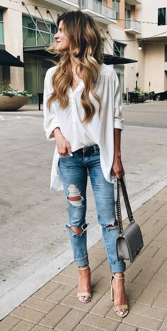 street style outfit shirt + rips + bag