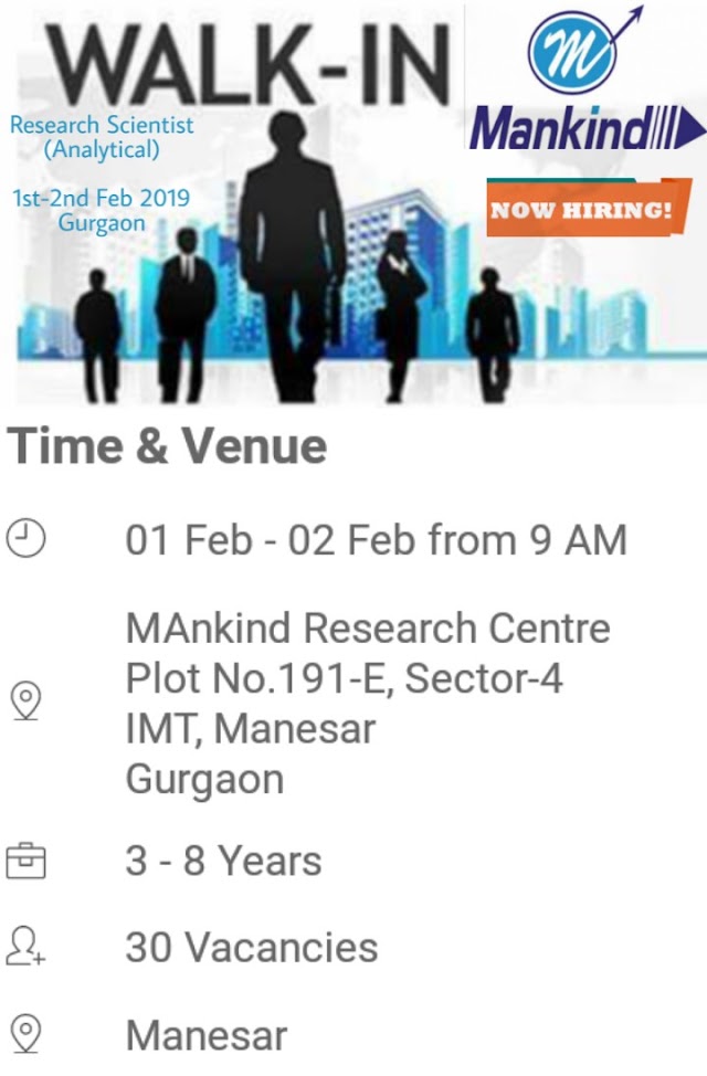 Mankind Pharma | Walk-in interview for Research scientist | 1st & 2nd Feb 2019 | Gurgaon