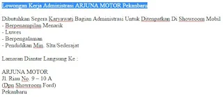 Lowongan Kerja Administrasi ARJUNA MOTOR Pekanbaru