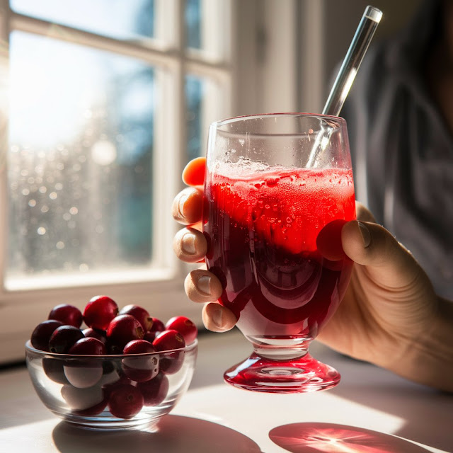 A glass of cranberry juice with cranberries on the side or a person enjoying a glass of cranberry juice.