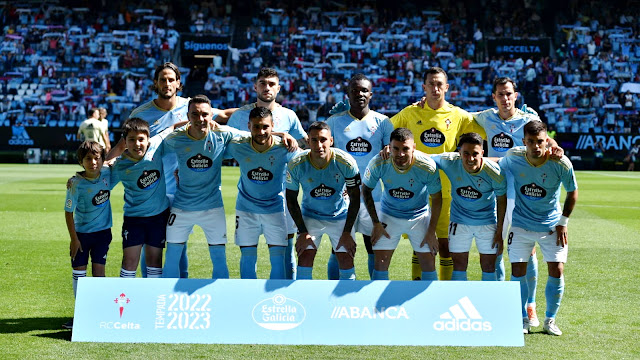 REAL CLUB CELTA DE VIGO. Temporada 2022-23. Gonçalo Paciência, Unai Núñez, Aidoo, Marchesín, Augusto Solari. Iago Aspas, Óscar Rodríguez, Hugo Mallo, Javi Galán, Franco Cervi y Fran Beltrán. REAL CLUB CELTA DE VIGO 2 R. C. D. ESPANYOL DE BARCELONA 2 Sábado 13/08/2022, 17:00 horas. Campeonato de Liga de 1ª División, jornada 1. Vigo, Pontevedra, estadio ABANCA Balaídos: 13.859 espectadores. GOLES: 1-0: 45+1’, Iago Aspas. 2-0: 63’, Gonçalo Paciência. 2-1: 72’, Edu Expósito. 2-2: 80+8’, Joselu, de penalti