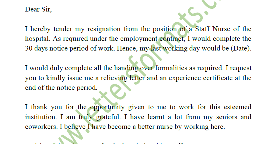 Resignation Letter Of A Staff Or Head Nurse In Hospital Example