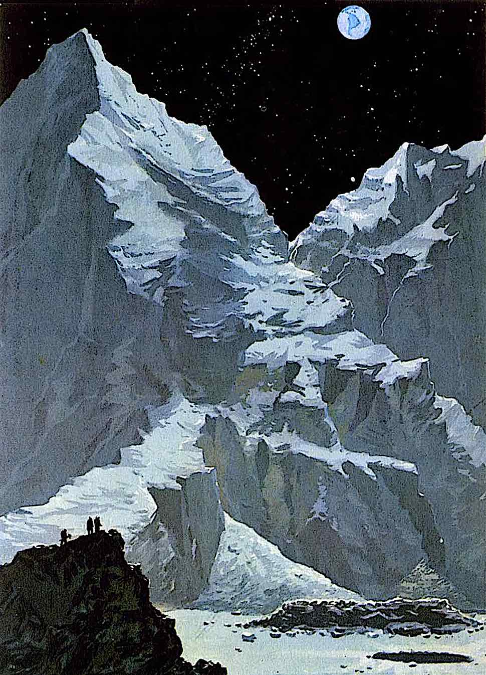 a 1958 illustration of tiny astronauts on the mountains of the moon, looking at Earth