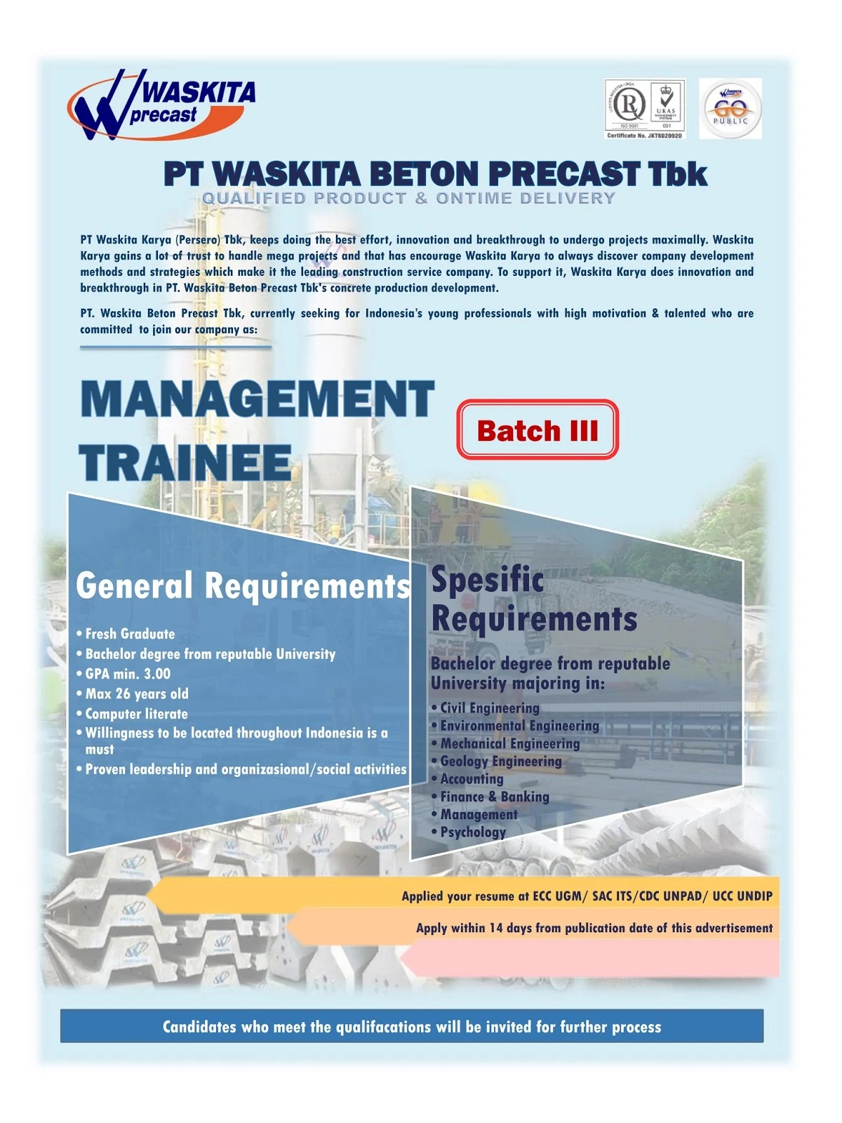 Lowongan Fresh Graduate PT Waskita Beton Precast Batch III