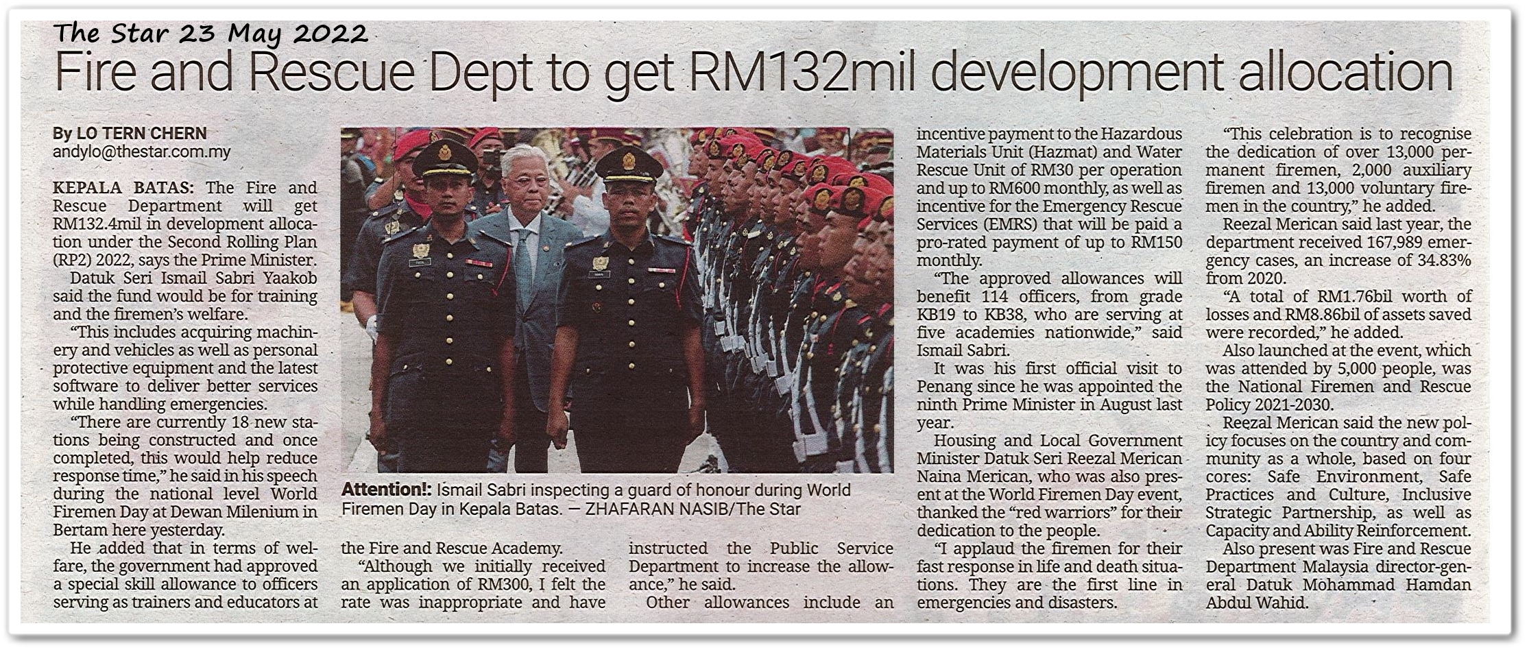 Fire and Rescue Dept to get RM132mil development allocation - Keratan akhbar The Star 23 May 2022