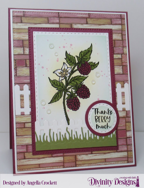 Divinity Designs LLC Raspberries, Rustic Beauty Paper Collection, Dies: Slimline Grasses, Fence, Pierced Rectangles, Double Stitched Rectangles, Double Stitched Circles, Circles, Matting Rectangle, A2 Portrait Card Base with Layer; Card Designer Angie Crockett