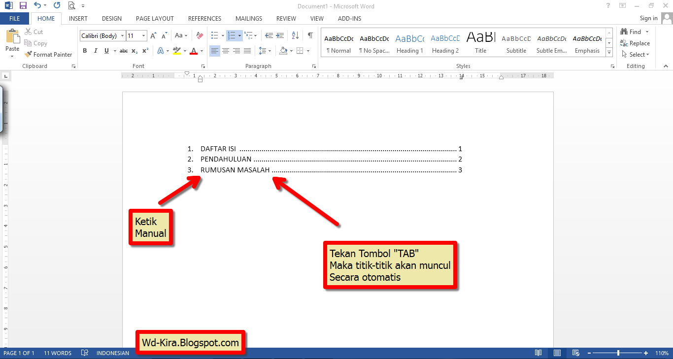 Wd-Kira, Cara membuat Titik-titik daftar isi pada Microsoft Word , cara membuat daftar isi pada ms.word, cara membuat titik-titik rapi pada daftar isi MS.Word, cara mudah mengatur daftar isi