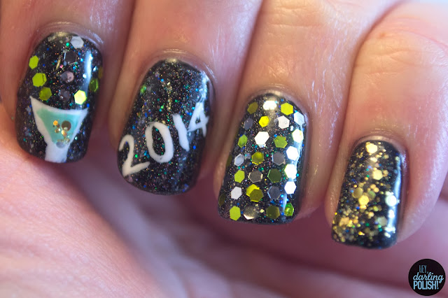 nails, nail art, nail polish, new years eve, black, sparkles, glequins, hey darling polish