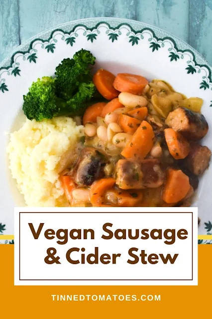 Easy Vegan Sausage Casserole with Cider and Beans.