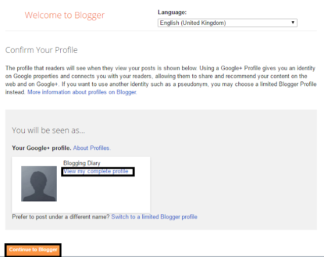 Confirming a profile on Blogger (creating a blog)