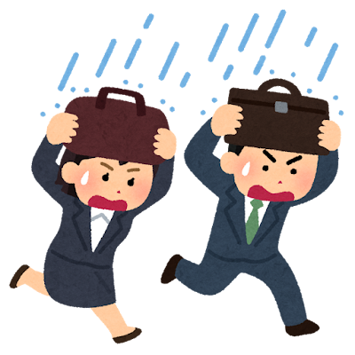 にわか雨から逃げる人たちのイラスト