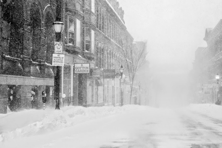 Portland, Maine Winter snow on Exchange Street in the old port black and white photo by Corey Templeton January 2015