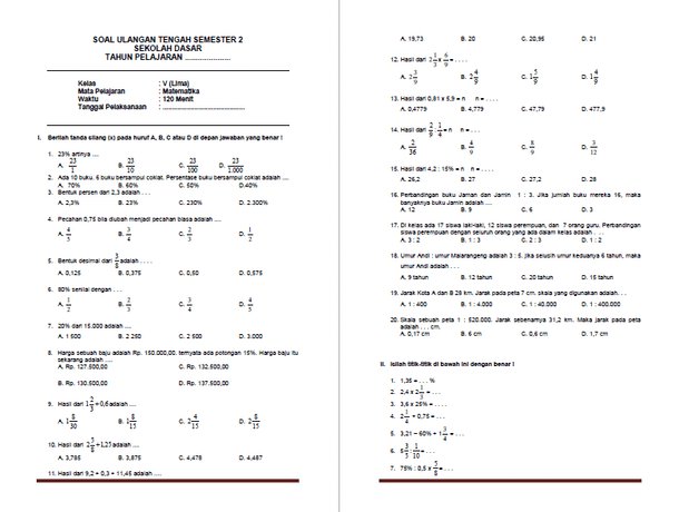 Soal Uts Matematika Kelas 5 Sd Mi Semester 2 Arsip Berkas Edukasi