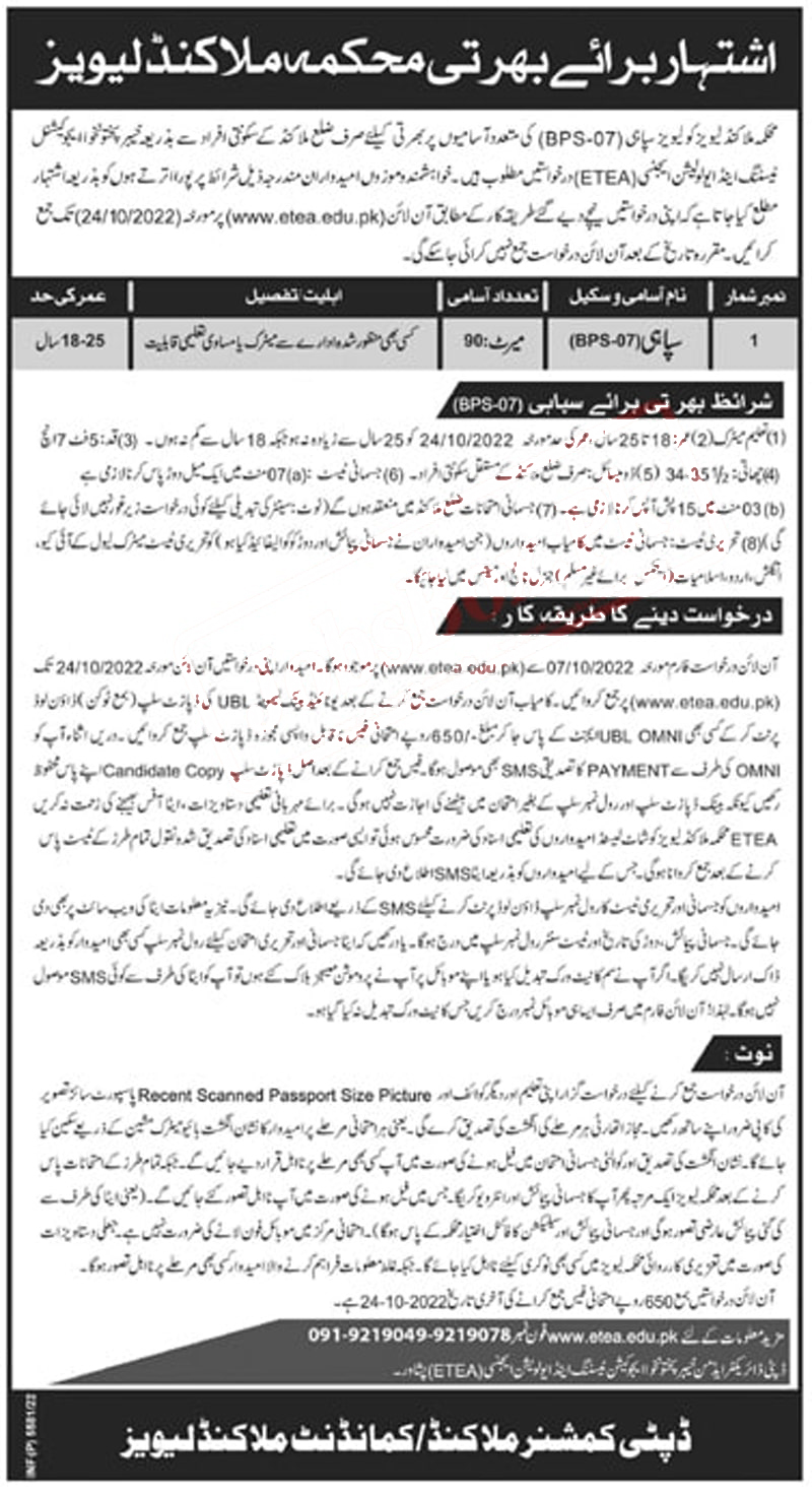 Levies Force Malakand Sipahi Jobs September 2022| Fill Out Online ETEA Form
