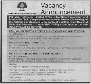 PPL Jobs 2019 Pakistan Petroleum Limited Apply Online for Technicians Latest