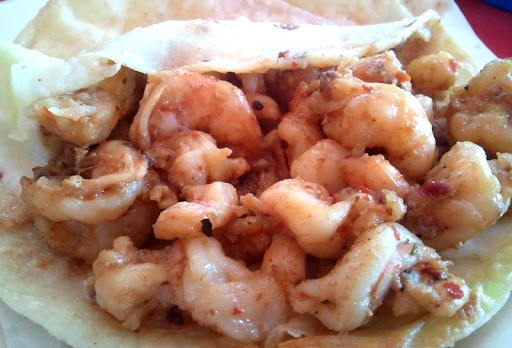 Camaron enchilado taco at Mariscos El Mazateno in Tijuana