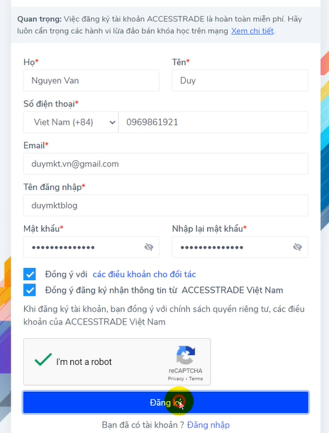 Đăng ký thông tin đăng nhập của bạn vào Accesstrade