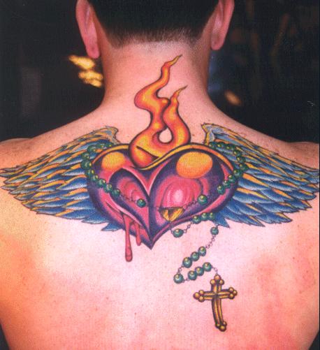 Wings, flames and cross on upper back 